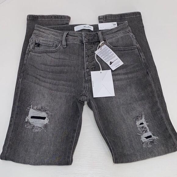 KanCan Strait Fit High Rise Skinny Distressed Button Fly Jeans Charcoal Wash - Picture 6 of 15